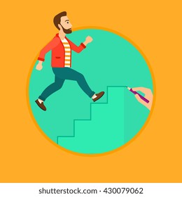 A hipster man with the beard running up the stairs drawn by hand with pencile. Vector flat design illustration in the circle isolated on background.