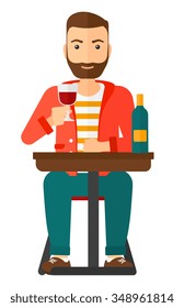A hipster man with the beard sitting at bar and drinking wine vector flat design illustration isolated on white background. Vertical layout.
