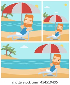 Un hombre hipster con barba sentado en un diván en la playa. Joven relajándose sentado bajo un paraguas en la playa. Ilustración de diseño plana vectorial. Diseño cuadrado, horizontal, vertical.