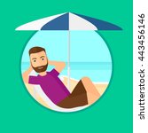 Hipster man with the beard sitting in a deck chair under umbrella on the beach. Vector flat design illustration in the circle isolated on background.