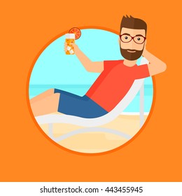 A hipster man with the beard sitting in a deck chair on the beach, relaxing and drinking a cocktail. Vector flat design illustration in the circle isolated on background.