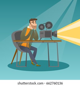 Hipster man with beard sitting near a film projector in the room of projectionist. Caucasian projectionist showing new film. Young projectionist at work. Vector flat design illustration. Square layout