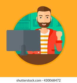 A hipster man with the beard sitting in office and expressing great satisfaction while looking at computer monitor. Vector flat design illustration in the circle isolated on background.