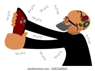 Hipster man with beard, glasses, Tattoo holding smart phone and taking picture of herself. Popular blogger influencer making selfie, shooting video story. Social media concept.