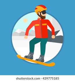 A hipster man with the beard snowboarding on the background of snow capped mountain. Young man snowboarding in the mountains. Vector flat design illustration in the circle isolated on background.