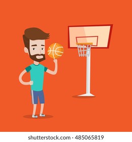 Hipster man with the beard spinning basketball ball on his finger. Young basketball player standing on the basketball court. Basketball player in action. Vector flat design illustration. Square layout