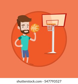 Hipster man with beard spinning basketball ball on his finger. Young caucasian basketball player standing on the basketball court. Vector flat design illustration in the circle isolated on background.