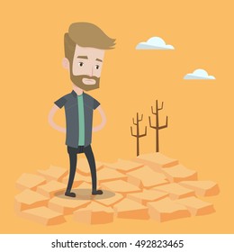 A hipster man with the beard standing in the desert. Frustrated young man standing on cracked earth. Concept of climate change and global warming. Vector flat design illustration. Square layout.