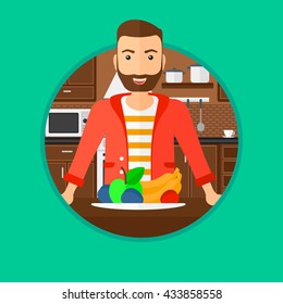 A hipster man with the beard standing in front of table full of fresh fruits in the kitchen. Man with plate full of fruits. Vector flat design illustration in the circle isolated on background.