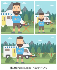 A hipster man with the beard standing in front of motor home. Young man with arms crossed enjoying vacation in camper van. Vector flat design illustration. Square, horizontal, vertical layouts.