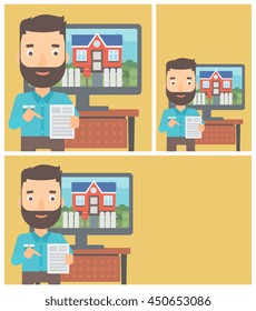 Hipster man with the beard standing in front of tv screen with house photo on it and pointing at a real estate contract. Vector flat design Illustration. Square, horizontal, vertical layouts.