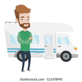Hipster man with the beard standing in front of motor home. Young caucasian man with arms crossed enjoying his vacation in motor home. Vector flat design illustration isolated on white background.