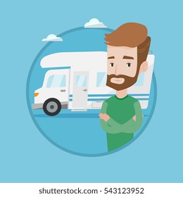 Hipster man with beard standing in front of motor home. Young caucasian man with arms crossed enjoying his vacation in motor home. Vector flat design illustration in the circle isolated on background.