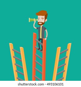 A hipster man with the beard standing on the top of a ladder and looking through spyglass. Young businessman looking for opportunities for business. Vector flat design illustration. Square layout.