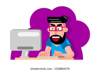 A hipster man with the beard studying sitting in front of computer and writing something on the black keyboard, flat design vector illustration isolated on white background