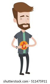 Hipster man with beard suffering from heartburn. Caucasian man having stomach ache from heartburn. Man having stomach ache after fast food. Vector flat design illustration isolated on white background