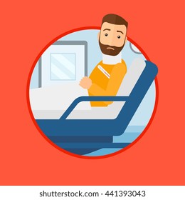Un hombre hipster con la barba sufriendo de dolor de cuello. Hombre con cuello herido en la cama en la sala del hospital. Hombre con llave de cuello. Ilustración de diseño plana vectorial en el círculo aislado en el fondo.