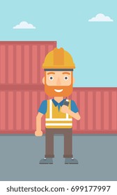 A hipster man with the beard talking to a portable radio on cargo containers background vector flat design illustration. Vertical layout.