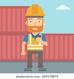Un hombre hipster con la barba hablando con una radio portátil sobre contenedores de carga de fondo vector ilustración de diseño plano. Diseño cuadrado.
