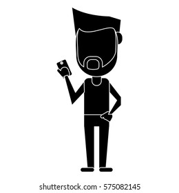 hipster man beard using cellphone digital pictogram