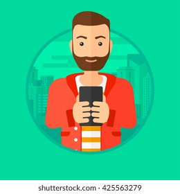 A hipster man with the beard using smartphone on a city background. Vector flat design illustration in the circle isolated on background.