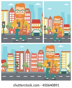Hipster man with the beard using a smartphone. Businessman with briefcase working with smartphone on a city background. Vector flat design illustration. Square, horizontal, vertical layouts.