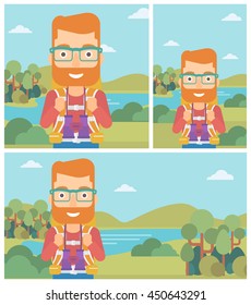 Hipster man with the beard walking in the mountains. Male traveler with backpack and binoculars. Backpacker hiking in mountains. Vector flat design illustration. Square, horizontal, vertical layouts.