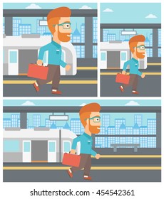 A hipster man with the beard walking on the train platform on the background of train with open doors. Vector flat design illustration. Square, horizontal, vertical layouts.