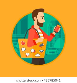 Hipster man with the beard walking with smartphone and handbag full of social media icons. Man using smartphone in the city street.Vector flat design illustration in the circle isolated on background.