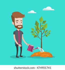 Ein Hipster mit dem Bart, der den Baum bewässert. Junge Gärtner mit Tränkdose. Konzept des Umweltschutzes. Vektorflache Design-Illustration. Quadratisches Layout.
