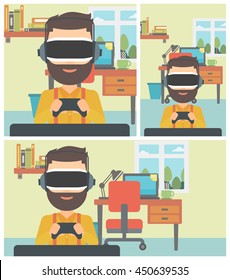 A hipster man with the beard wearing a virtual reality headset. Young man playing video game with game controller in hands. Vector flat design illustration. Square, horizontal, vertical layouts.