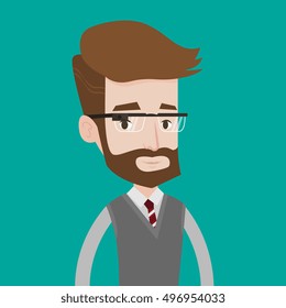 A hipster man with the beard wearing wearable computer with an optical head-mounted display. Young caucasian man wearing smart glasses. Vector flat design illustration. Square layout.