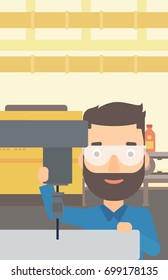 A hipster man with the beard working with a drilling machine on the background of factory workshop with conveyor belt vector flat design illustration. Vertical layout.