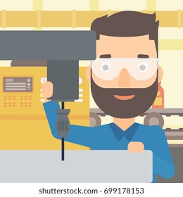 A hipster man with the beard working with a drilling machine on the background of factory workshop with conveyor belt vector flat design illustration. Square layout.