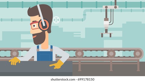 A hipster man with the beard working on a steel-rolling mill on the background of factory workshop with conveyor belt vector flat design illustration. Horizontal layout. 