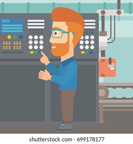 Ein Hipster-Mann mit Bart, der an der Bedienplatte in der Werkstatt Vektorillustration Flach-Design-Illustration arbeitet. Quadratisches Layout.
