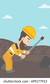 Un hombre hipster con la barba trabajando con un pickaxe en el fondo de la ilustración de diseño plano del vector de la mina de carbón. Diseño vertical.