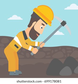 A hipster man with the beard working with a pickaxe on the background of coal mine vector flat design illustration. Square layout.