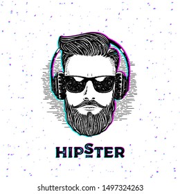 Hipster man bearded face in sunglasses. Anaglyph Emblem. Glitch effect. Vector Illustration