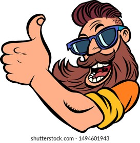 Hipster man bearded thumb up. Comic cartoon pop art retro vector illustration drawing