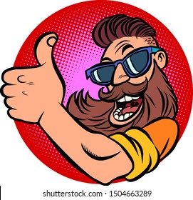 Hipster man bearded thumb up. Comic cartoon pop art retro vector illustration drawing