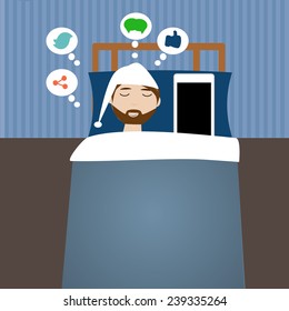 Hipster man in the bed time with smart phone the technology addiction