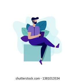 Hipster Man Book Notebook Card Knowledge Self-Education Key to Success and Richness Motivation Landing Page Presentation Social Media Banner Flat Cartoon Vector Illustration Plant Leaves Decoration