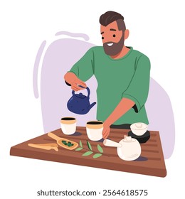 Hipster man brewing traditional asian tea pouring hot water into cup from teapot making aroma drink for authentic oriental ceremony vector illustration scene. Oriental tradition and culture concept