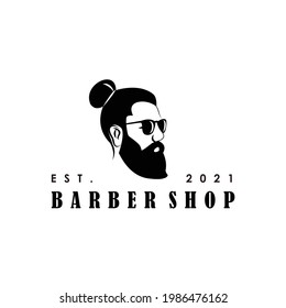 Hipster Man Bun Silhouette With Beard Wearing Sun Glasses Barbershop Logo Design Vector