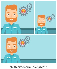 A hipster man with business idea bulb in gear. Young businessman having a business idea. Successful business idea concept. Vector flat design illustration. Square, horizontal, vertical layouts.