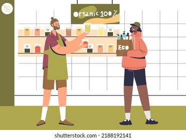 Hipster man buying organic food in eco friendly store. Modern supermarket shop with environment and eco-friendly and zero waste concept. Cartoon flat vector illustration
