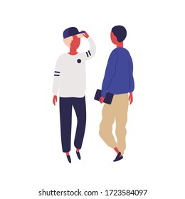 Hipster man in cap talk with student friend hold book vector flat illustration. Two cartoon male enjoying friendly conversation isolated on white. Teenager character communicating each other