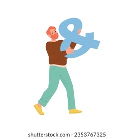 Hipster man cartoon character carrying ampersand special english alphabet symbol isolated on white