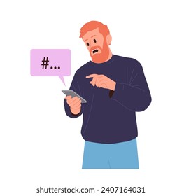 Hipster man cartoon character using smartphone and following hashtag in social media network